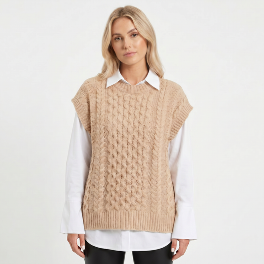 Women's Cable Knit Vest Sleeveless Crew-Neck Winter Sweater