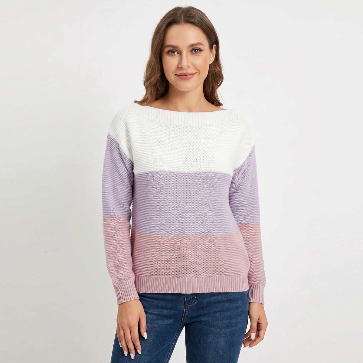 Women's Colour Block Knit Sweater Boat-Neck Long-Sleeve Relaxed-Fit