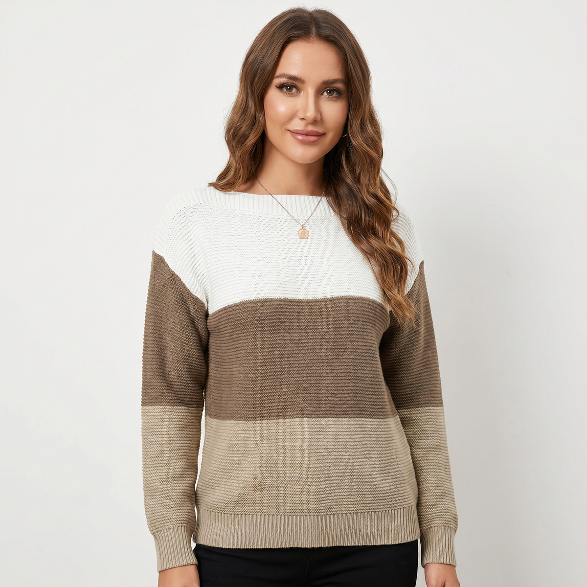 Women's Colour Block Knit Sweater Boat-Neck Long-Sleeve Relaxed-Fit
