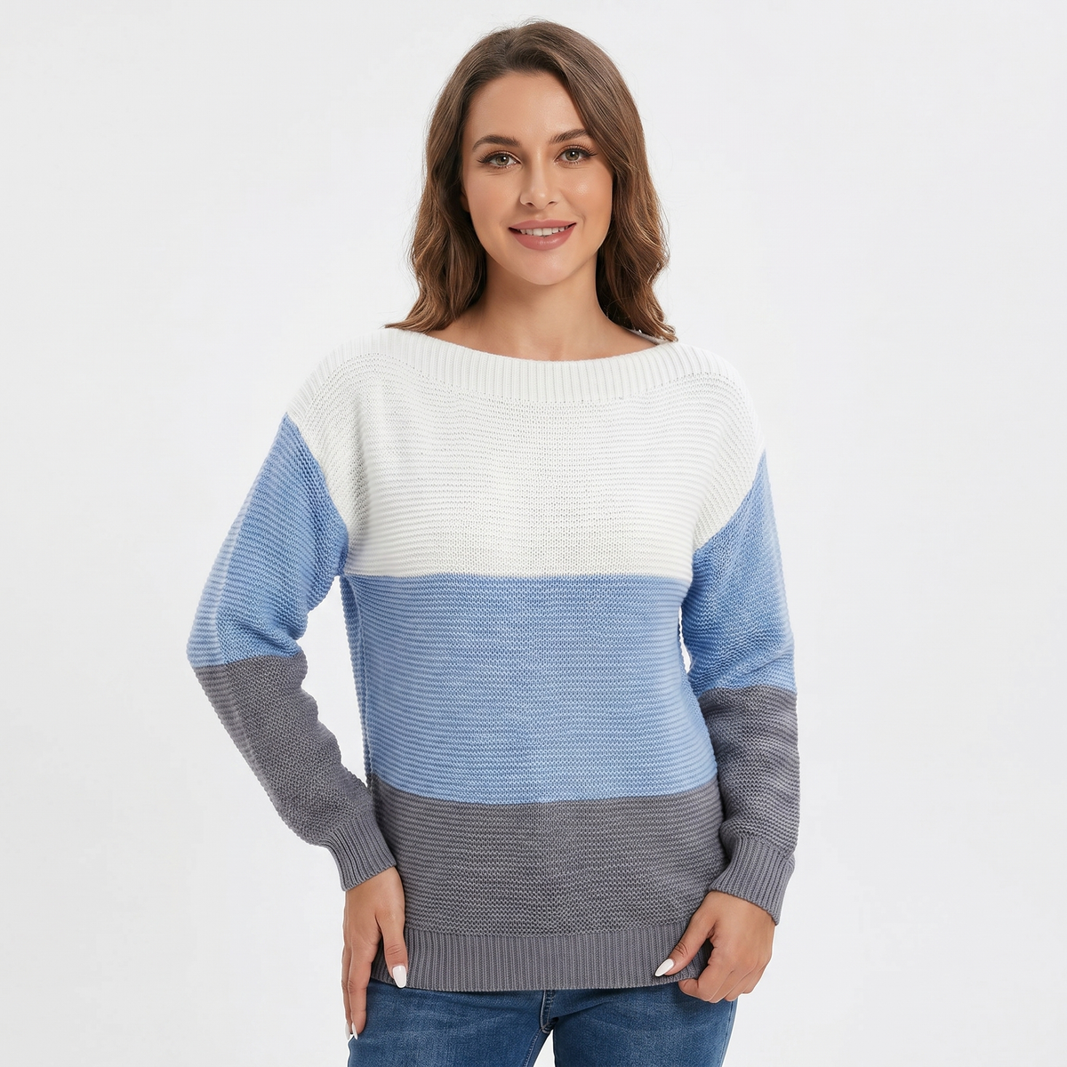 Women's Colour Block Knit Sweater Boat-Neck Long-Sleeve Relaxed-Fit