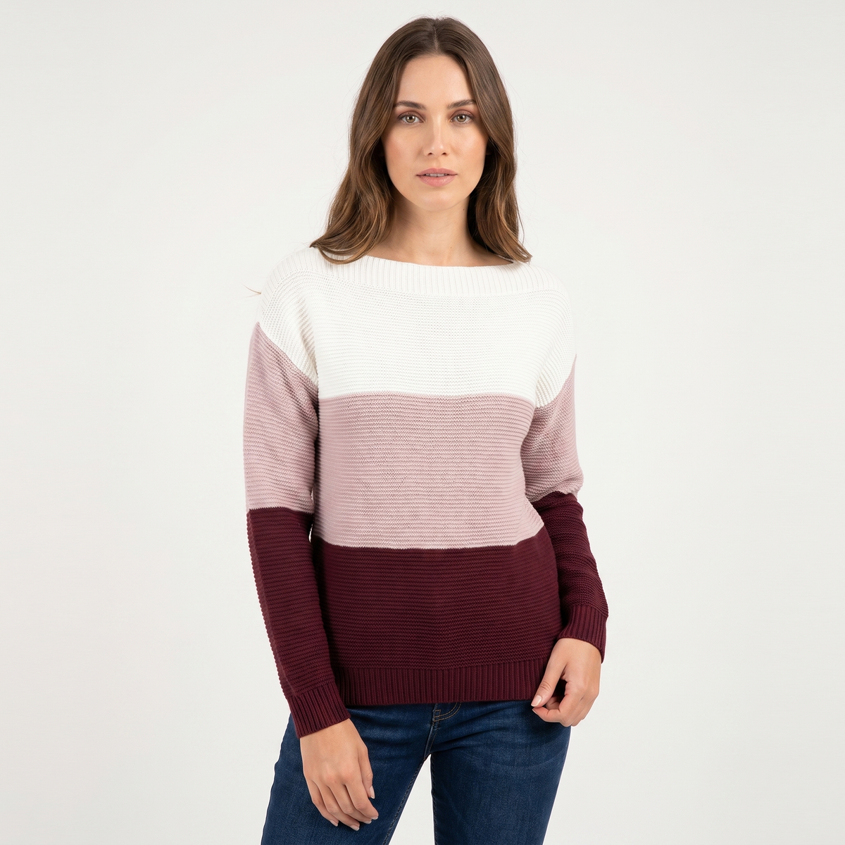 Women's Colour Block Knit Sweater Boat-Neck Long-Sleeve Relaxed-Fit