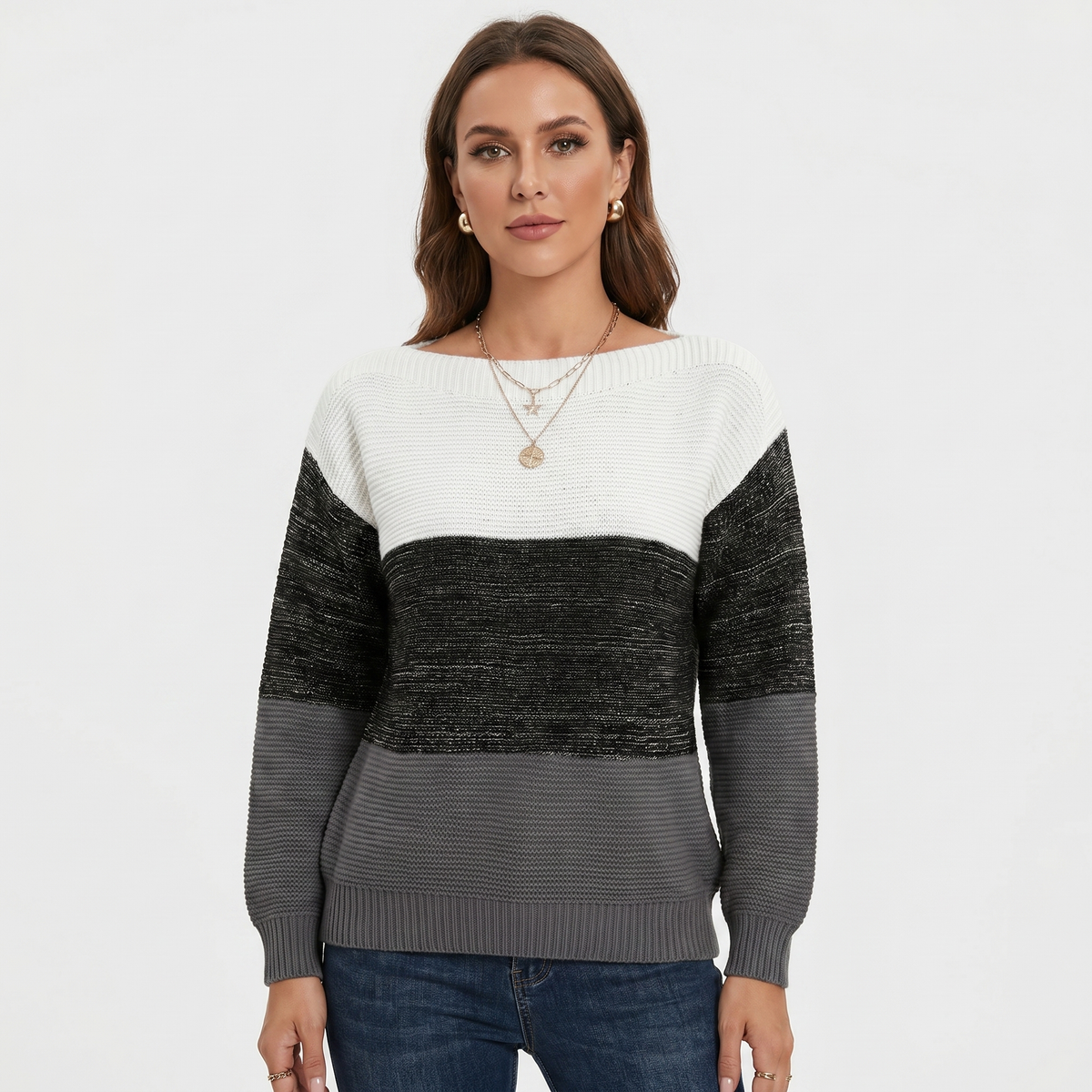 Women's Colour Block Knit Sweater Boat-Neck Long-Sleeve Relaxed-Fit