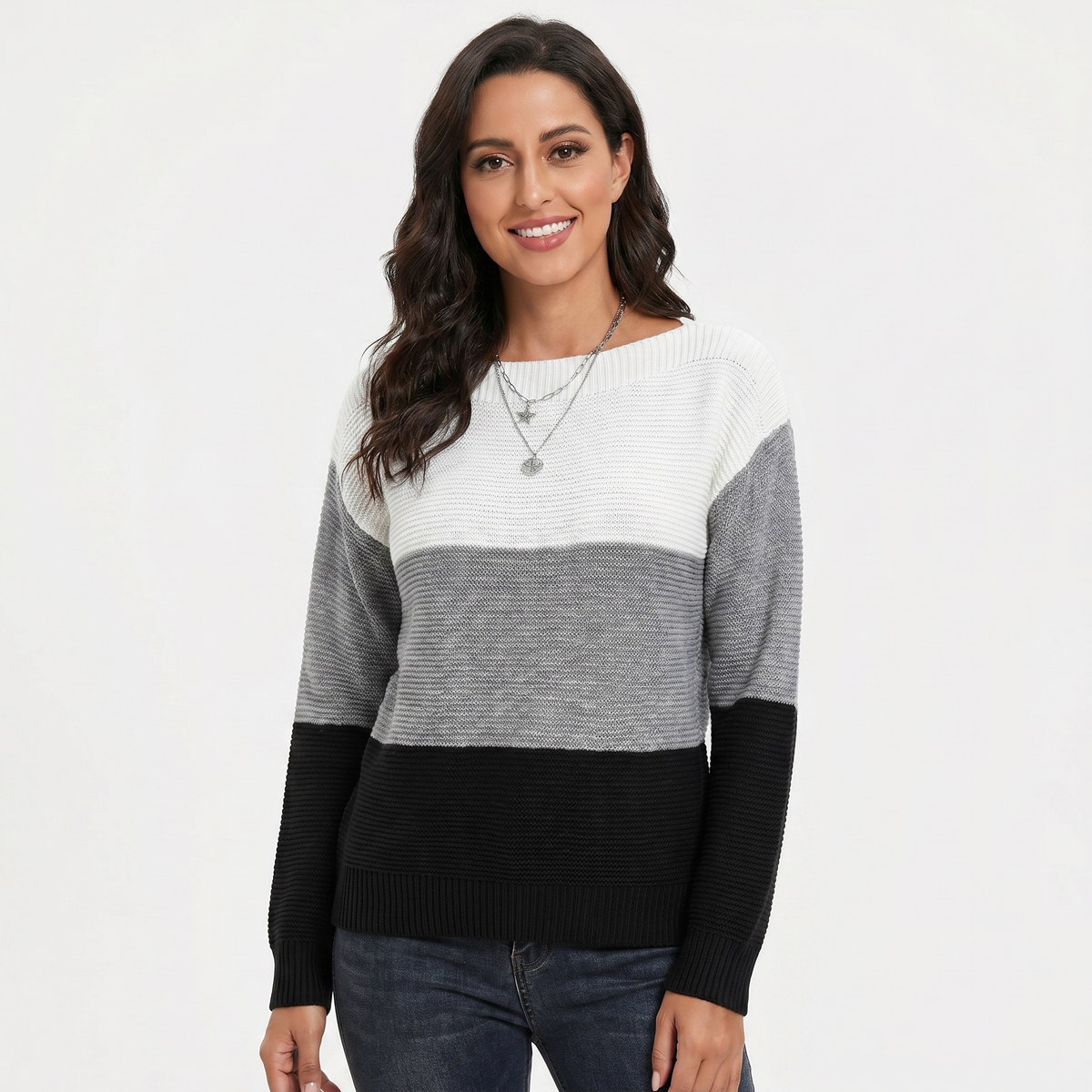 Women's Colour Block Knit Sweater Boat-Neck Long-Sleeve Relaxed-Fit