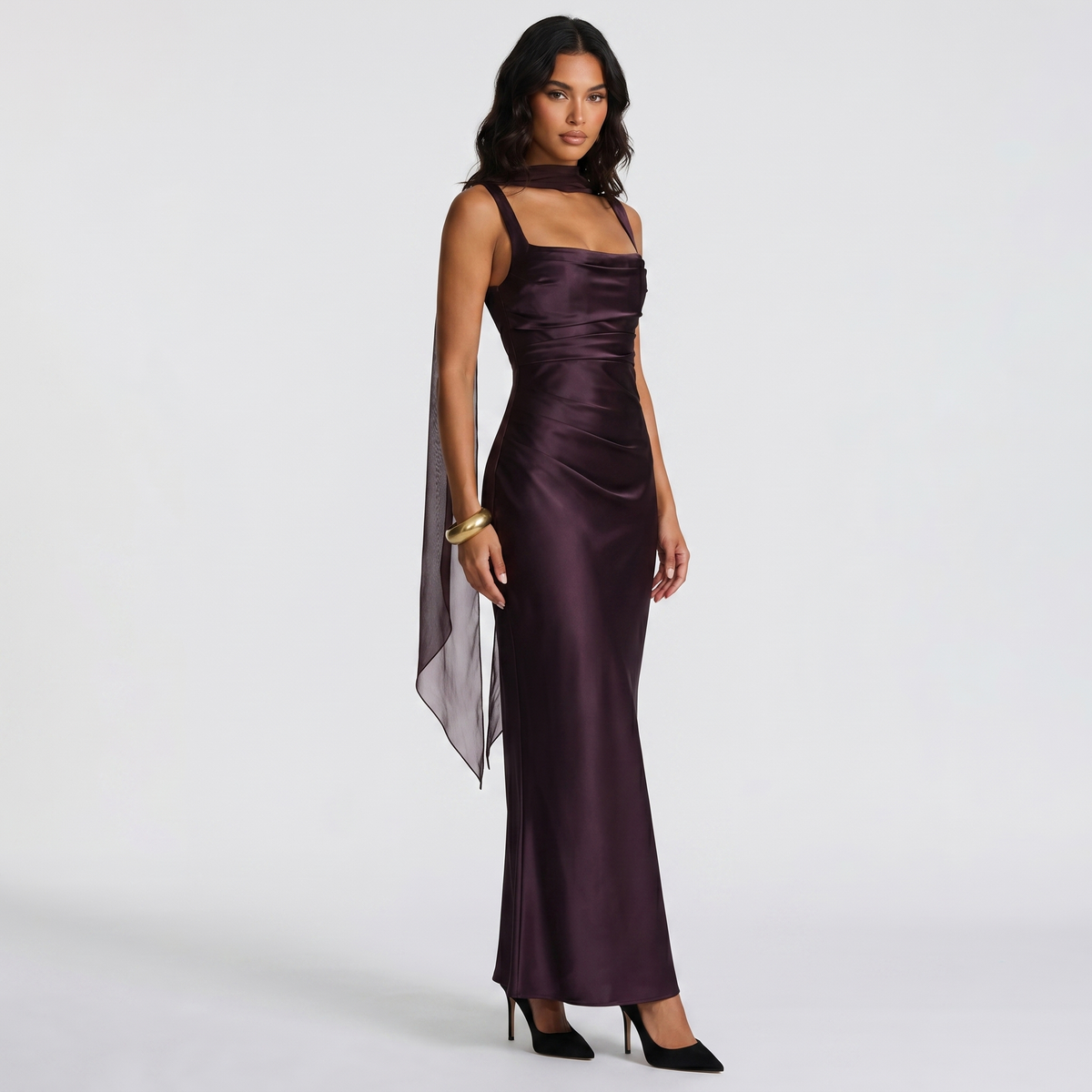 Women's Satin Ruched Maxi Dress Square Neck Scarf Tie Bodycon Formal Gown