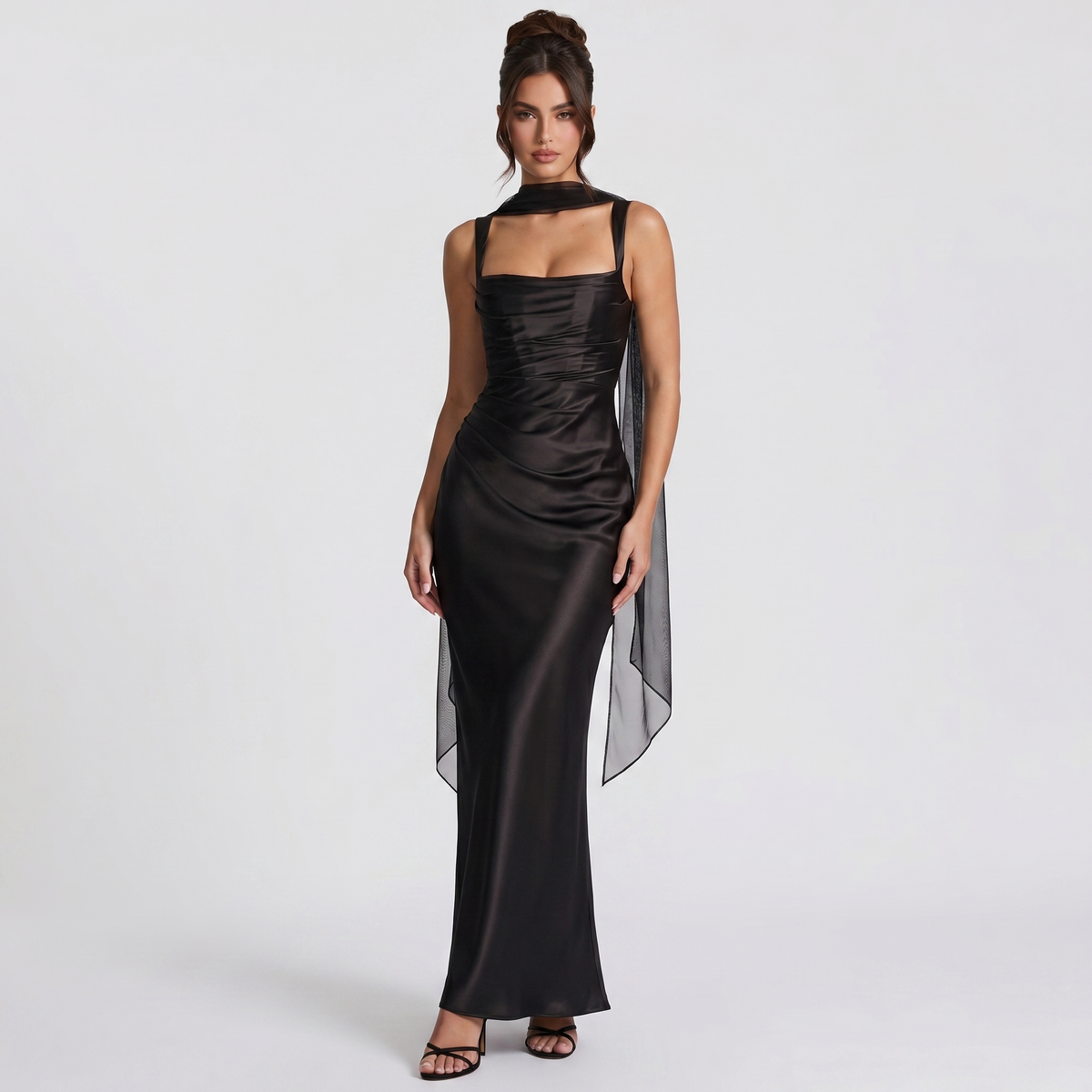 Women's Satin Ruched Maxi Dress Square Neck Scarf Tie Bodycon Formal Gown