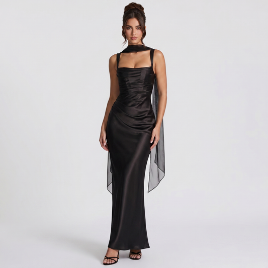 Vestito lungo da donna in raso arricciato, scollo quadrato, con sciarpa da annodare, aderente, da sera formale