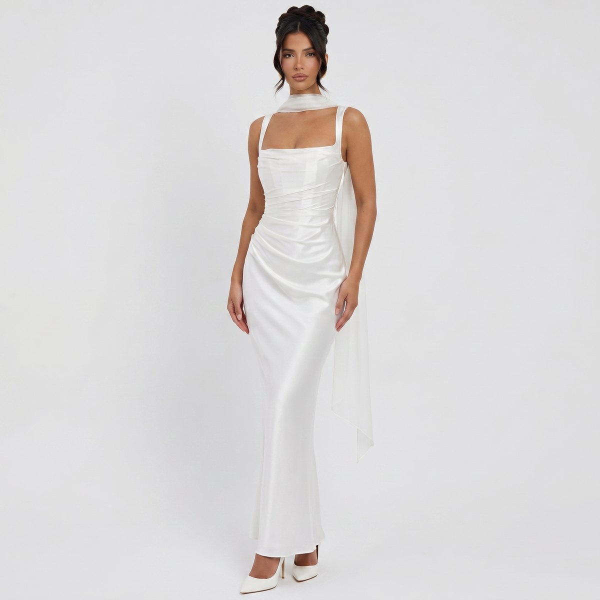 Women's Satin Ruched Maxi Dress Square Neck Scarf Tie Bodycon Formal Gown