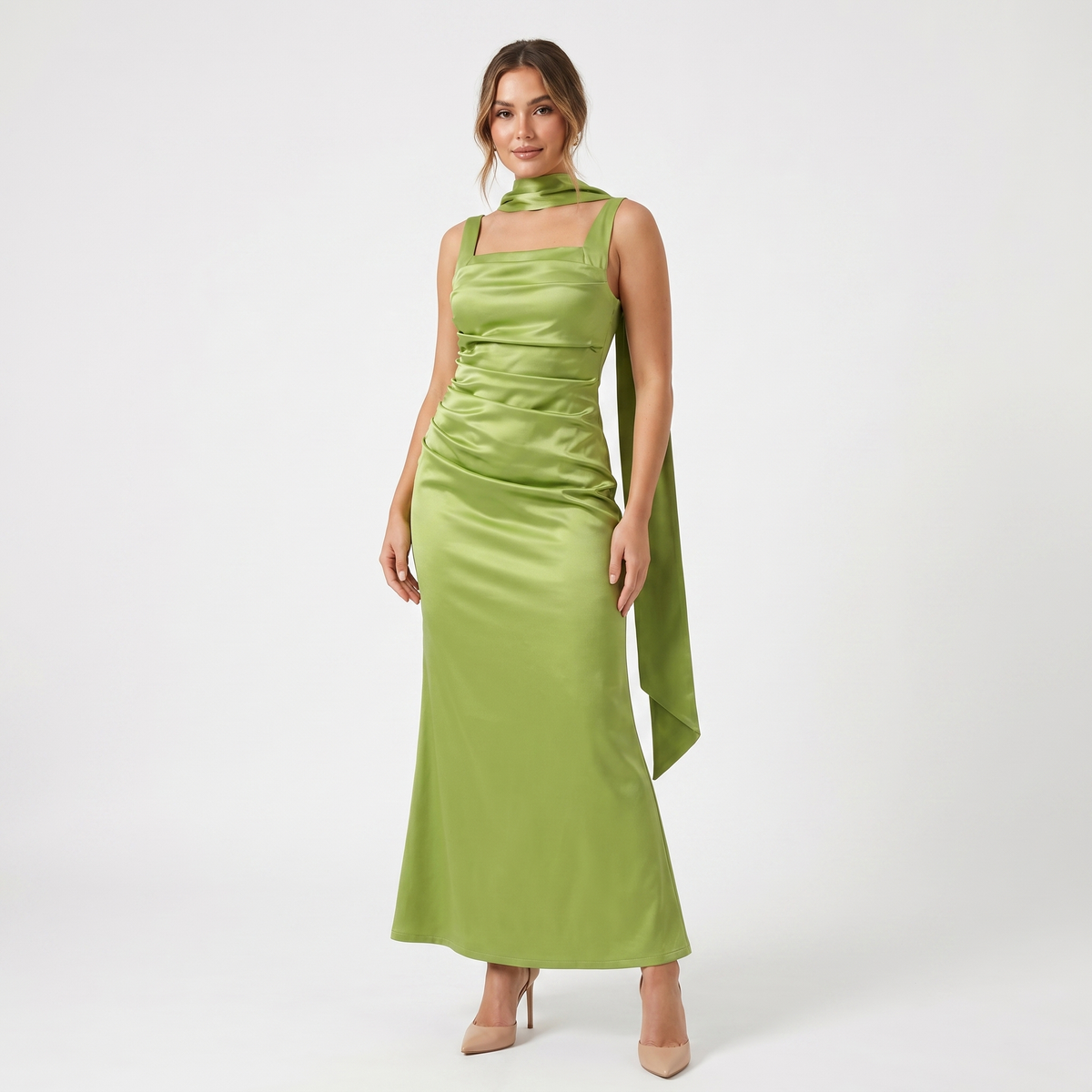 Women's Satin Ruched Maxi Dress Square Neck Scarf Tie Bodycon Formal Gown