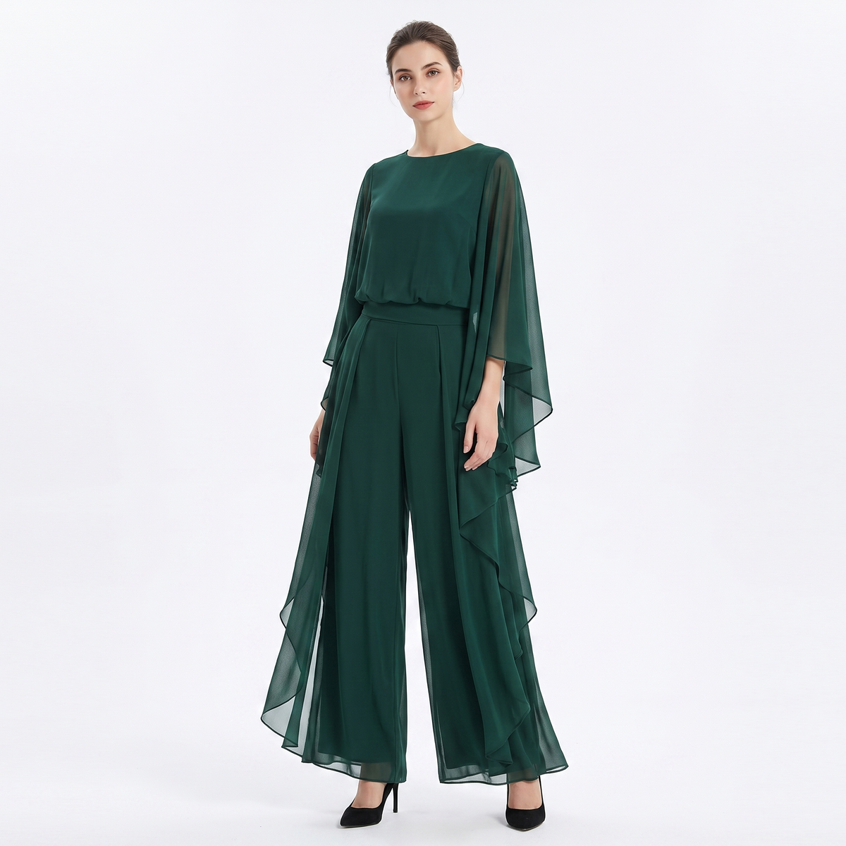Women's Chiffon Cape Sleeve Maxi Dress Ruffle Side Batwing Formal Gown