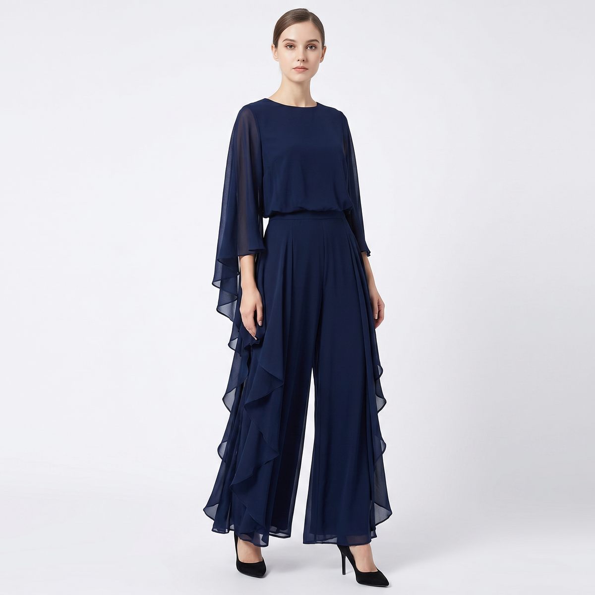 Women's Chiffon Cape Sleeve Maxi Dress Ruffle Side Batwing Formal Gown