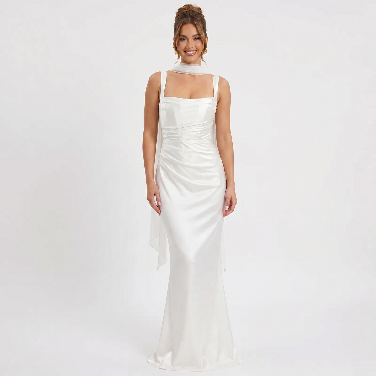 Women's Satin Maxi Dress Square Neck Ruched Bodice Winter Scarf Formal