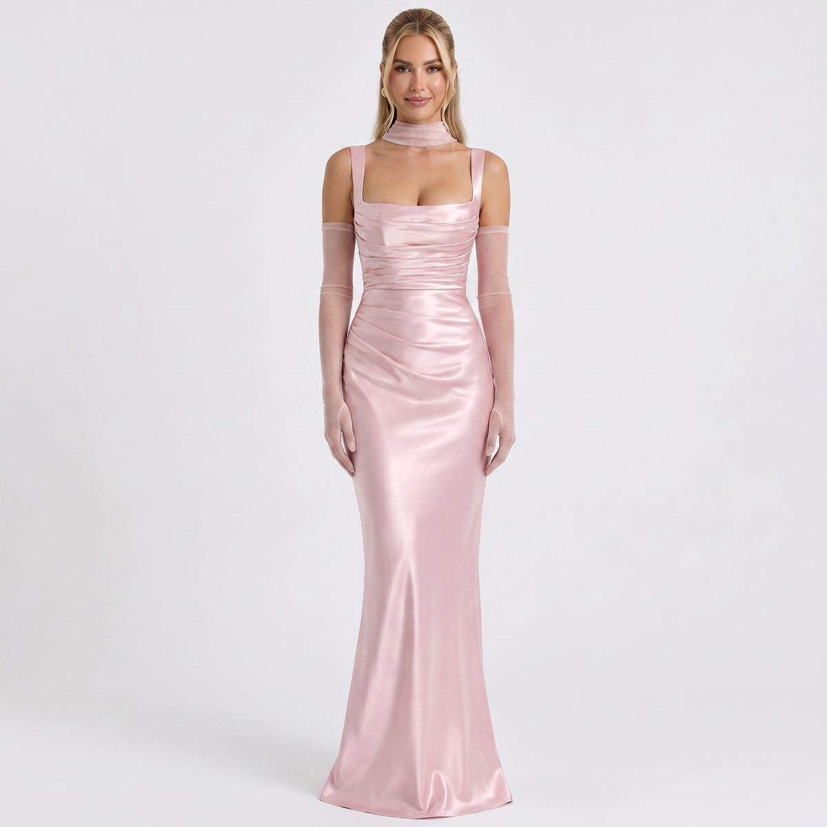 Women's Satin Maxi Dress Square Neck Ruched Bodice Winter Scarf Formal