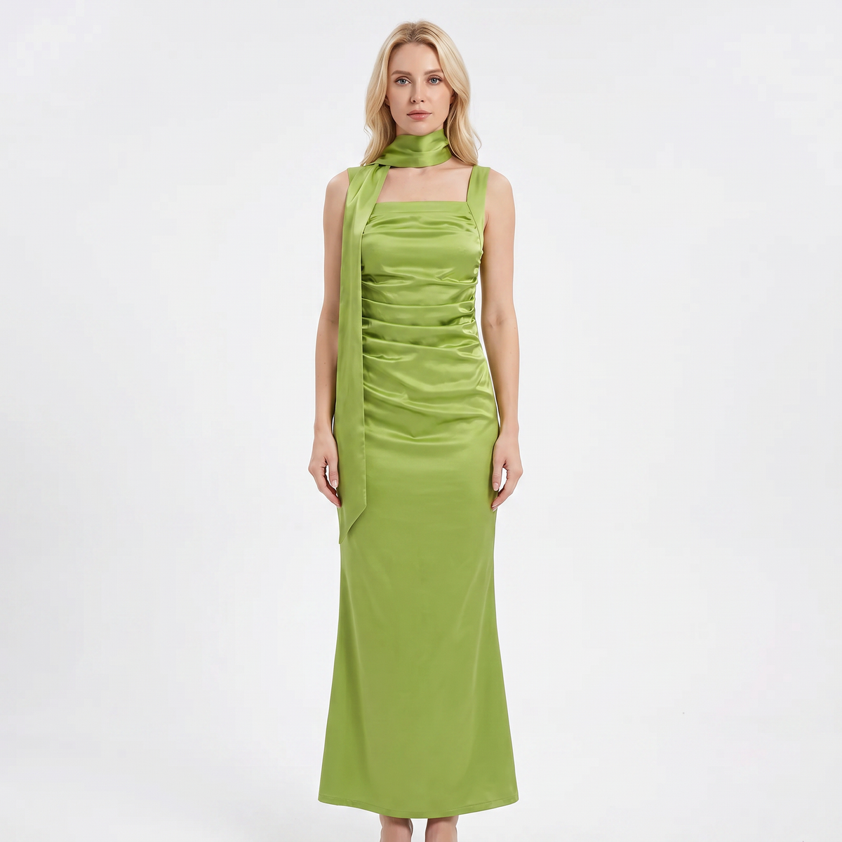 Women's Satin Maxi Dress Square Neck Ruched Bodice Winter Scarf Formal
