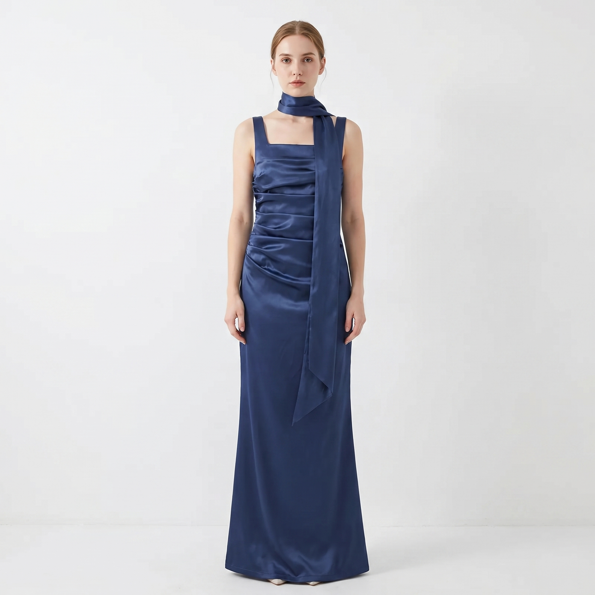Women's Satin Maxi Dress Square Neck Ruched Bodice Winter Scarf Formal