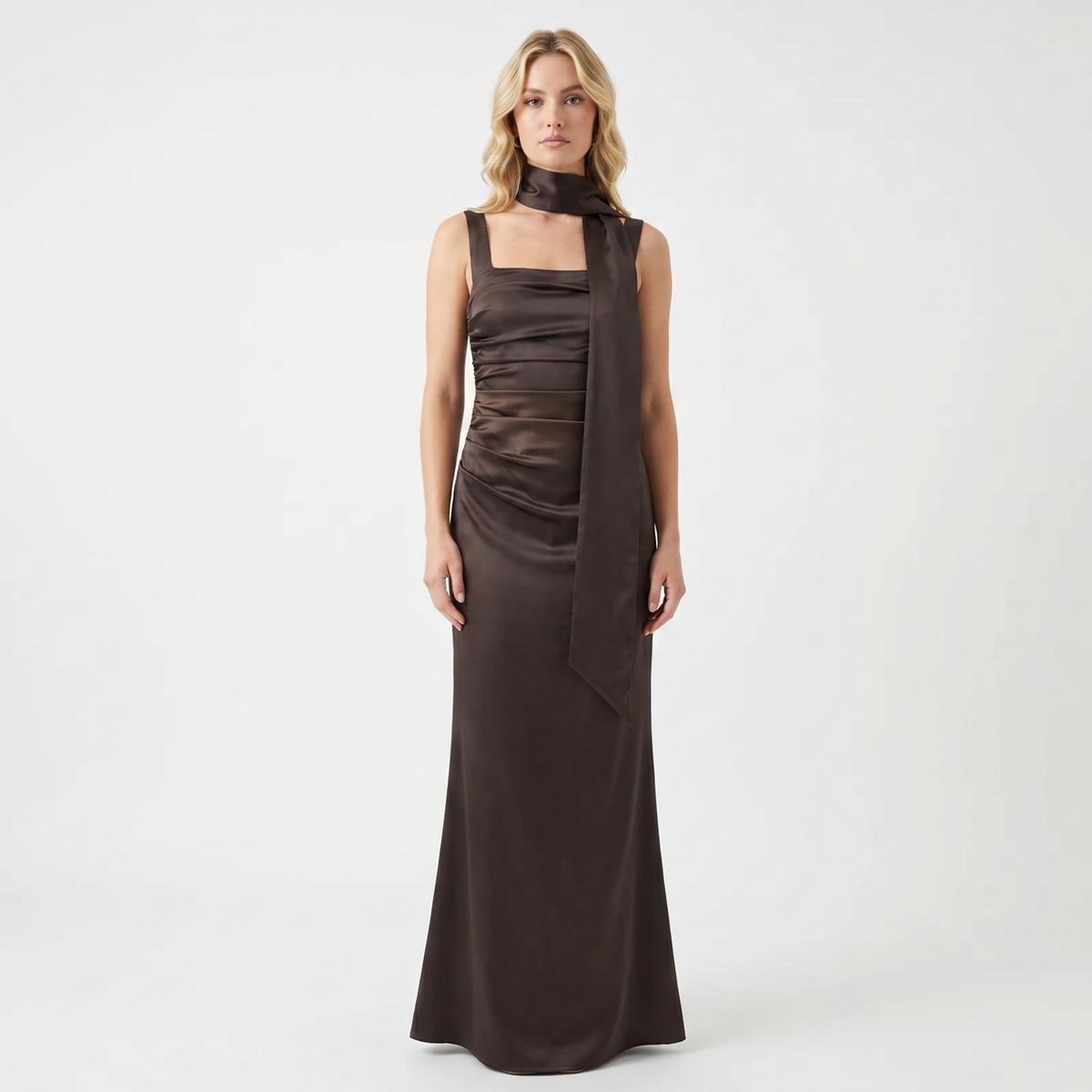 Women's Satin Maxi Dress Square Neck Ruched Bodice Winter Scarf Formal