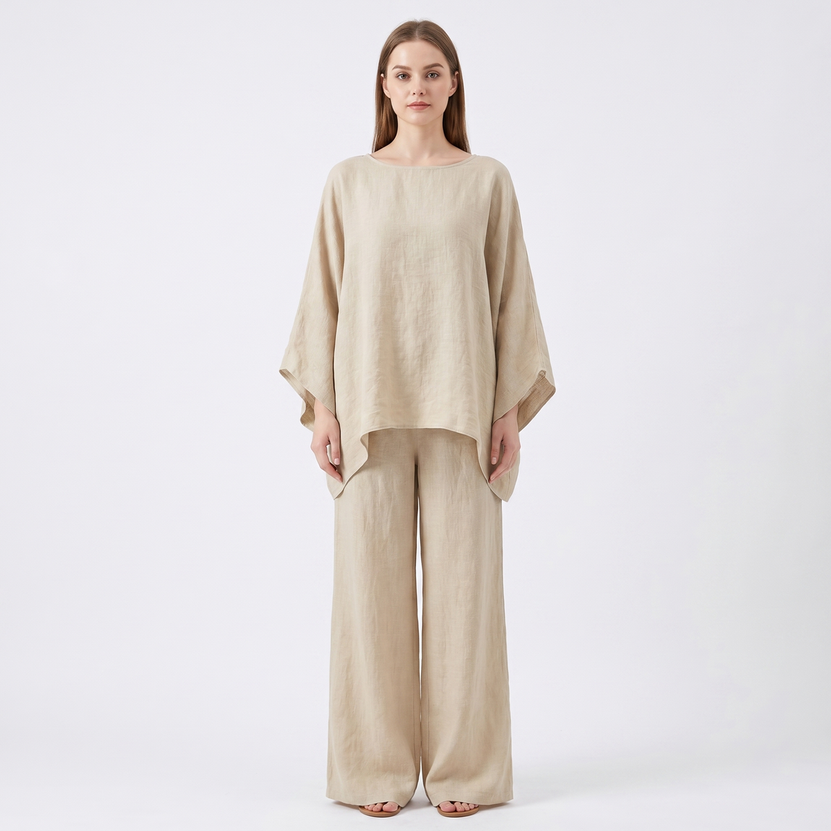 Women's Linen Two-Piece Set Oversized Poncho Top Wide-Leg Pants Loungewear