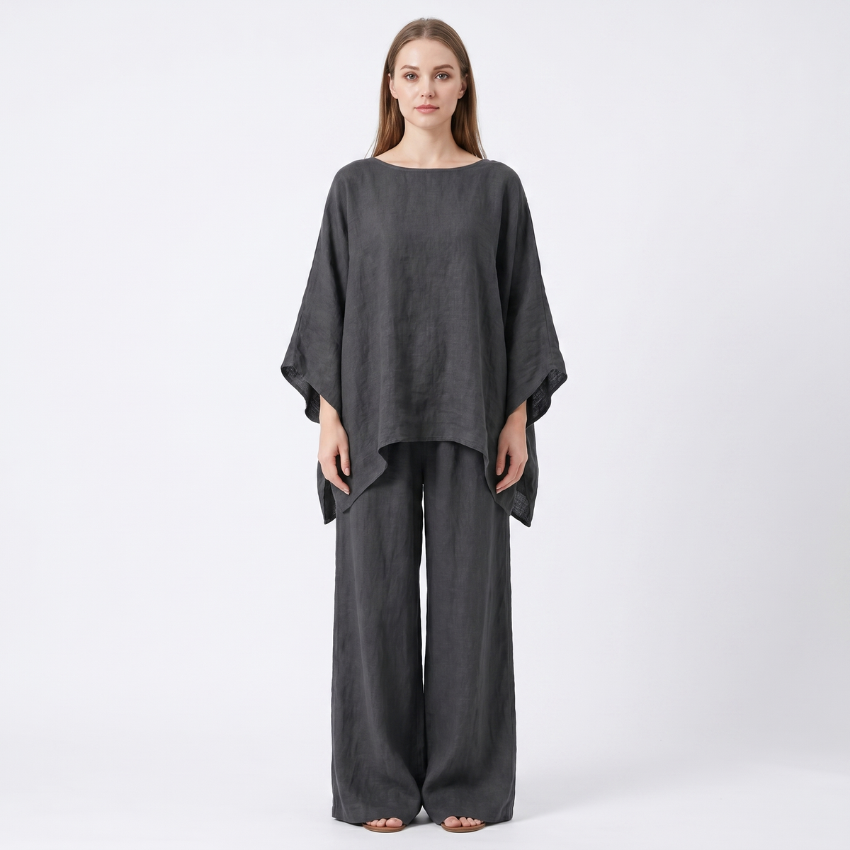 Women's Linen Two-Piece Set Oversized Poncho Top Wide-Leg Pants Loungewear