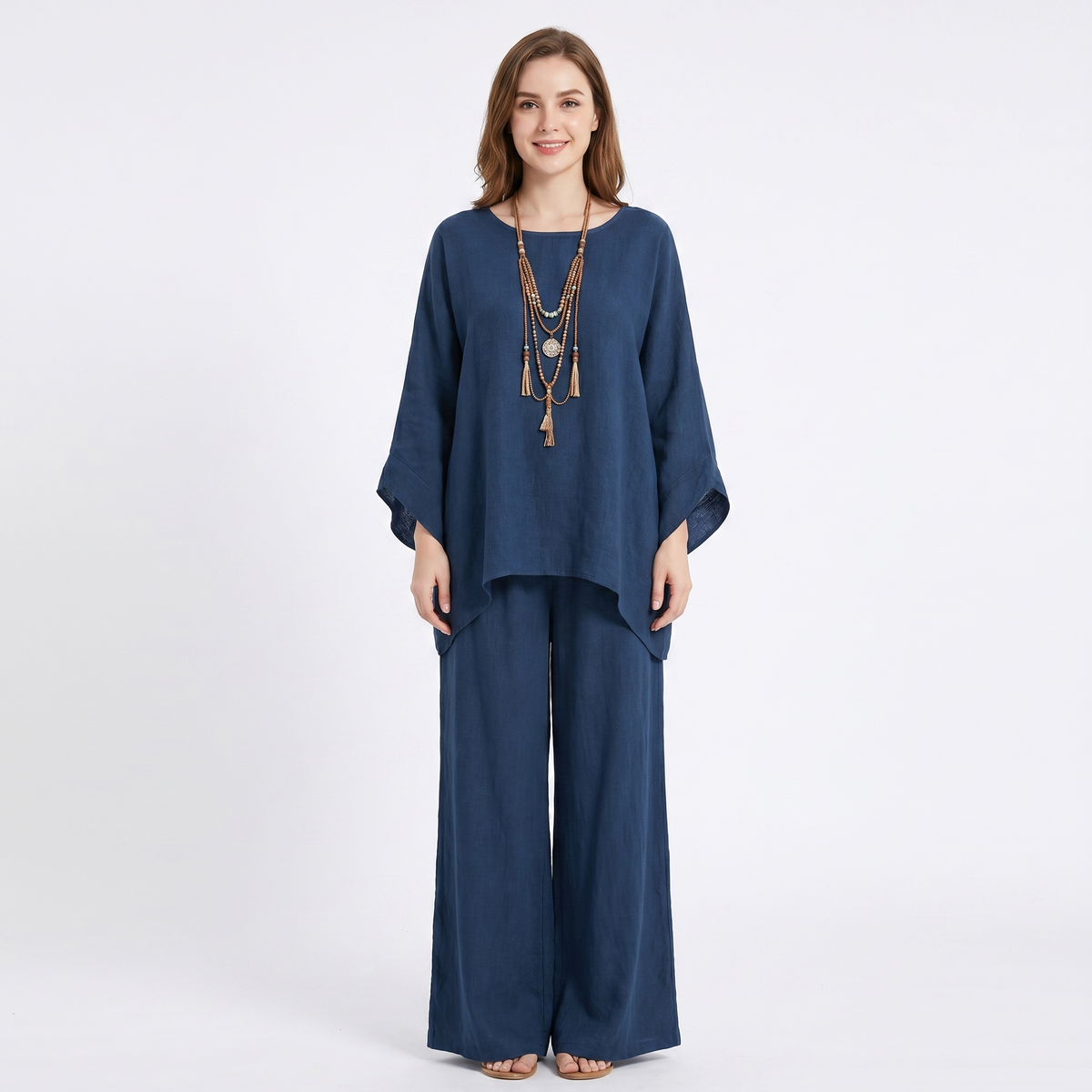 Women's Linen Two-Piece Set Oversized Poncho Top Wide-Leg Pants Loungewear
