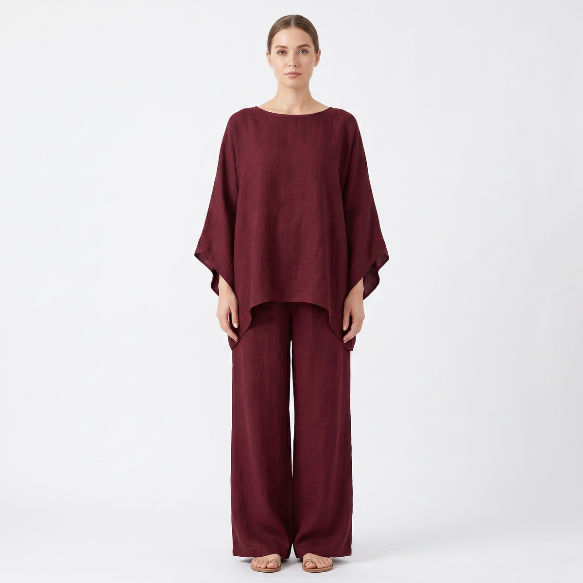 Women's Linen Two-Piece Set Oversized Poncho Top Wide-Leg Pants Loungewear