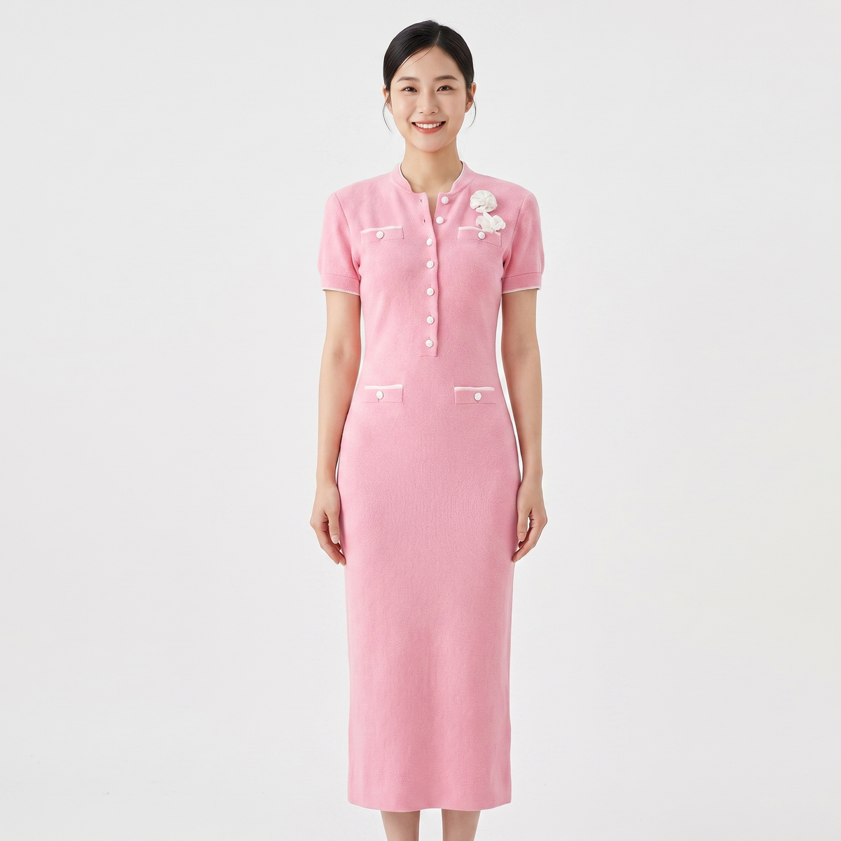 Women's Knit Button Front Midi Dress Short-Sleeve Contrast Trim Floral