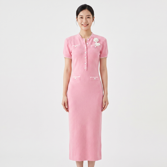 Women's Knit Button Front Midi Dress Short-Sleeve Contrast Trim Floral