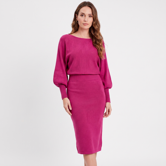 Women's Knit Batwing Sleeve Midi Dress Blouson Bodice Ribbed Bodycon