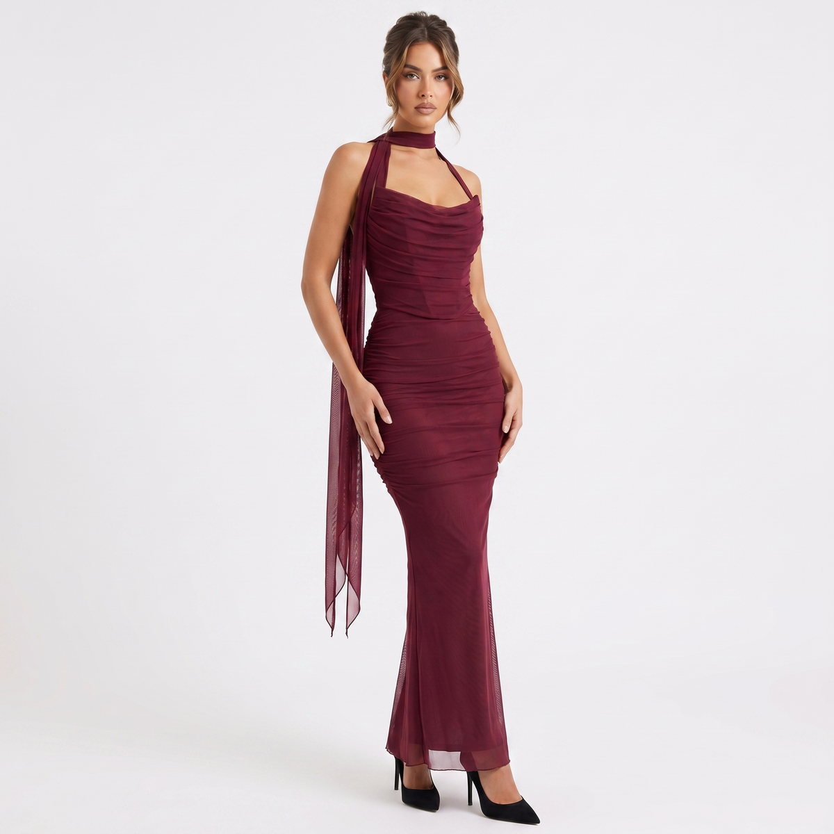 Women's Mesh Ruched Bodycon Maxi Dress Scarf Neck Sweetheart Formal Gown