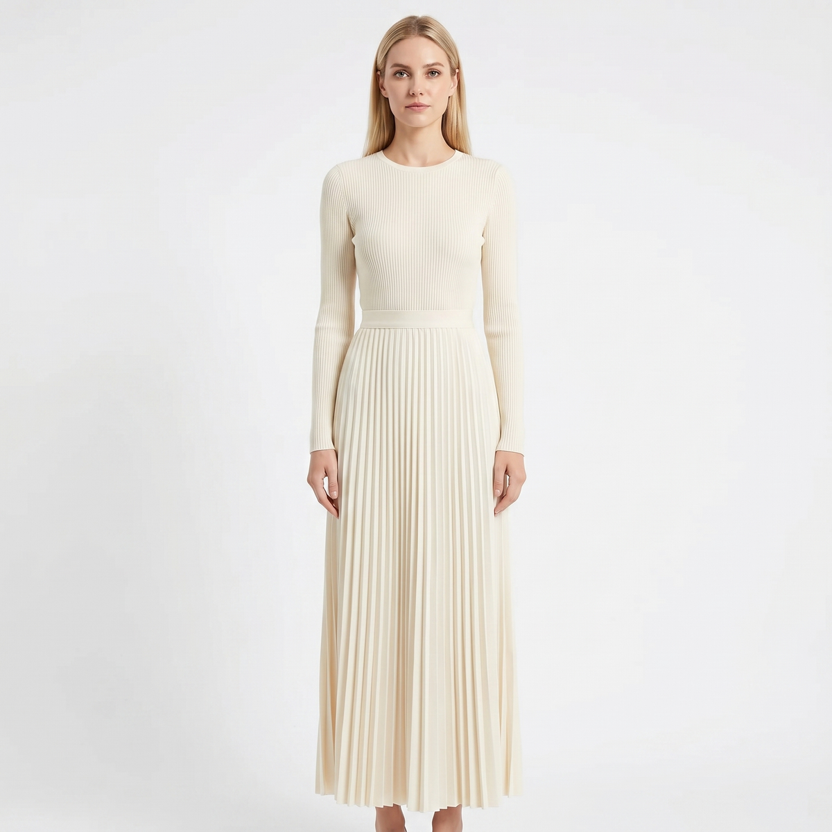 Women's Knit Maxi Winter Dress Long-Sleeve Ribbed Bodice Pleated A-Line