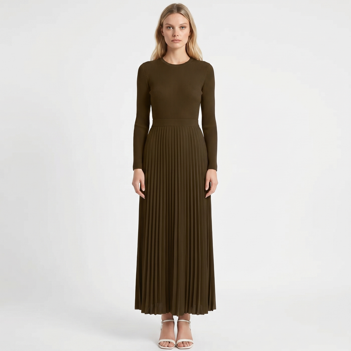 Women's Knit Maxi Winter Dress Long-Sleeve Ribbed Bodice Pleated A-Line