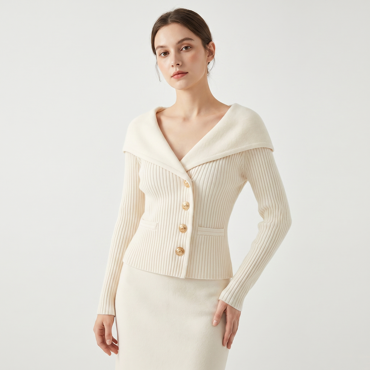 Women's Wide Lapel Bardot Ribbed Knit Cardigan Gold Button Fitted Jacket