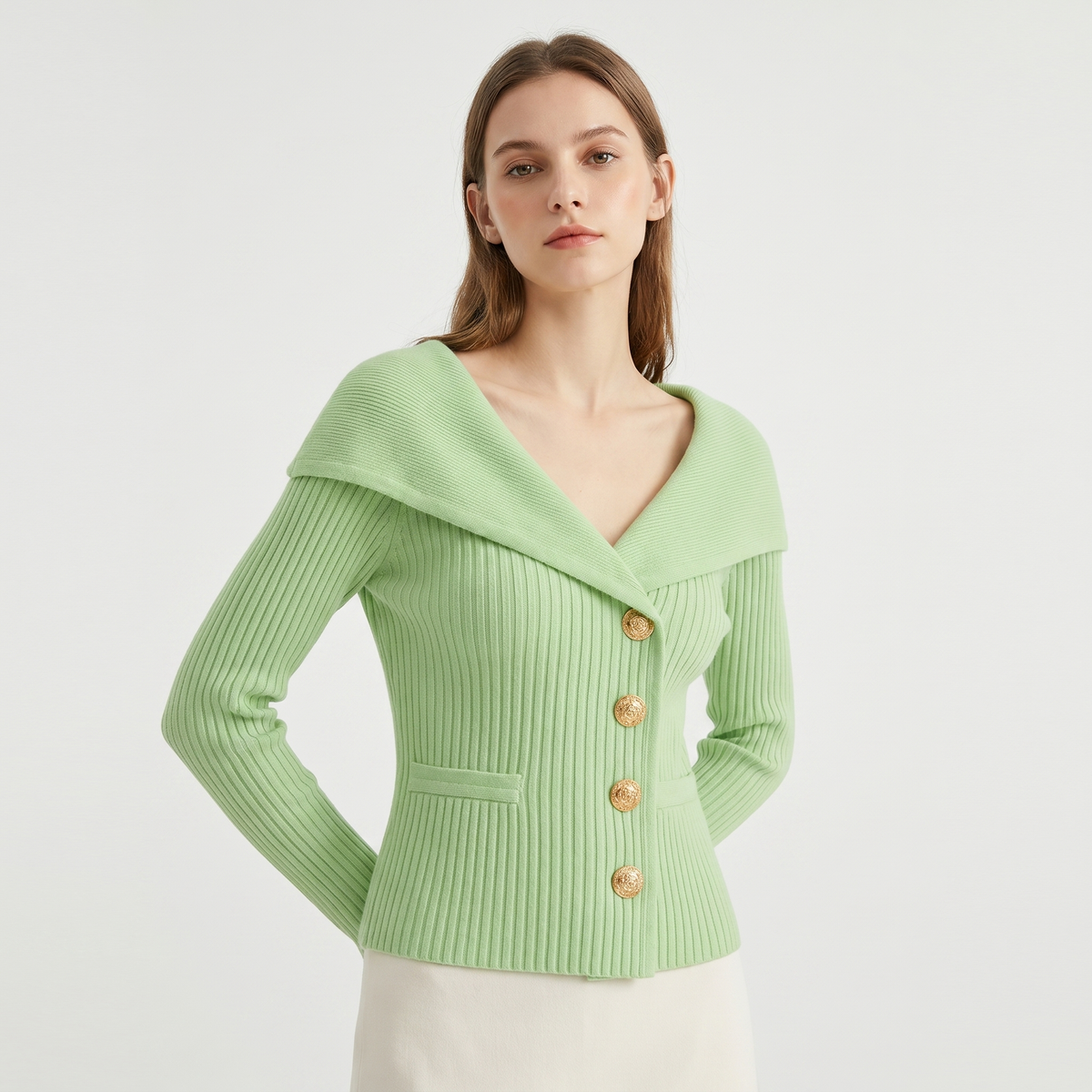 Women's Wide Lapel Bardot Ribbed Knit Cardigan Gold Button Fitted Jacket