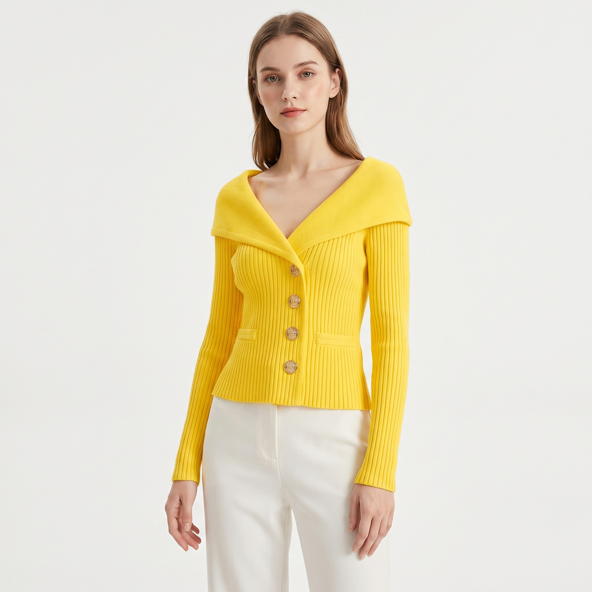 Women's Wide Lapel Bardot Ribbed Knit Cardigan Gold Button Fitted Jacket