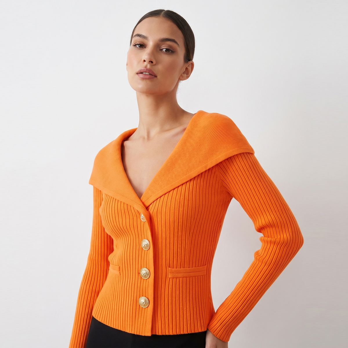Women's Wide Lapel Bardot Ribbed Knit Cardigan Gold Button Fitted Jacket