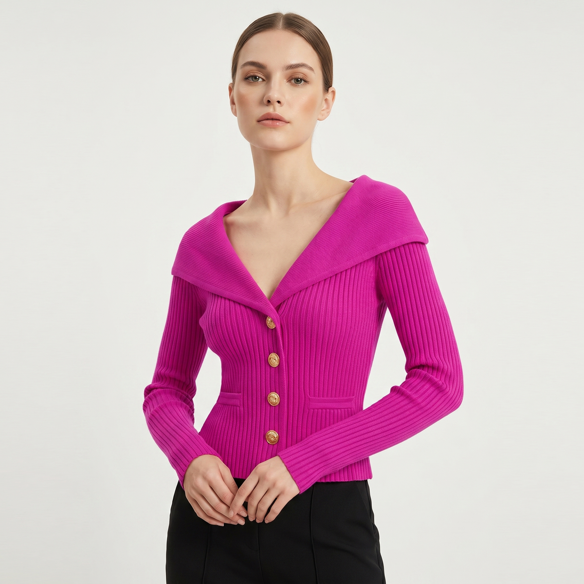 Women's Wide Lapel Bardot Ribbed Knit Cardigan Gold Button Fitted Jacket