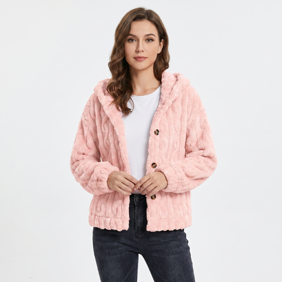 Cardigan invernale da donna con cappuccio, morbido pile effetto treccia, abbottonatura frontale, caldo e confortevole