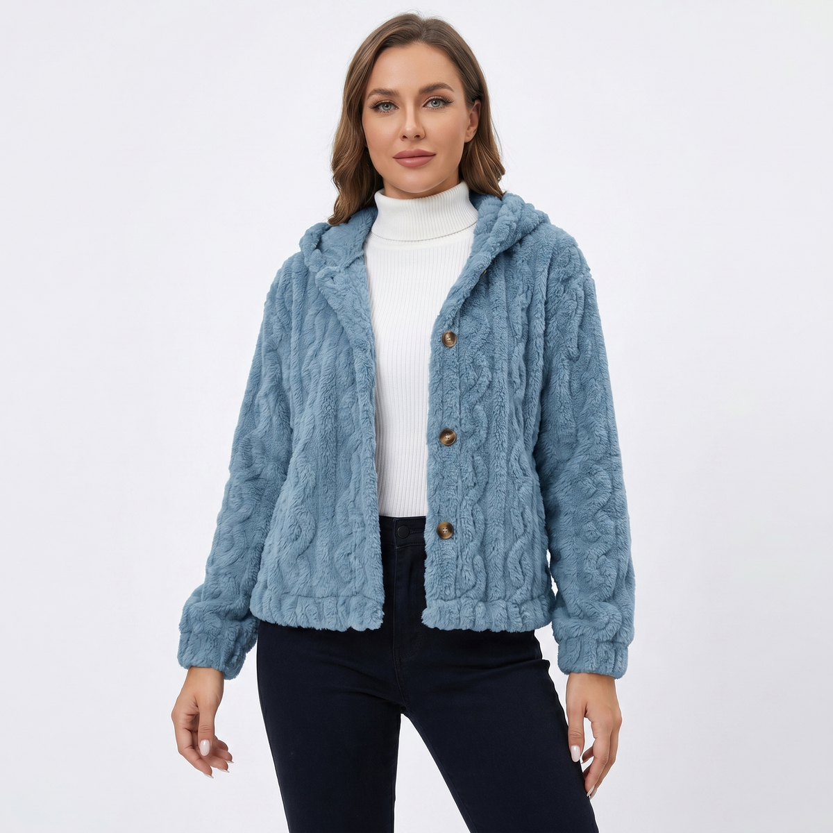 Cardigan invernale da donna con cappuccio, morbido pile effetto treccia, abbottonatura frontale, caldo e confortevole