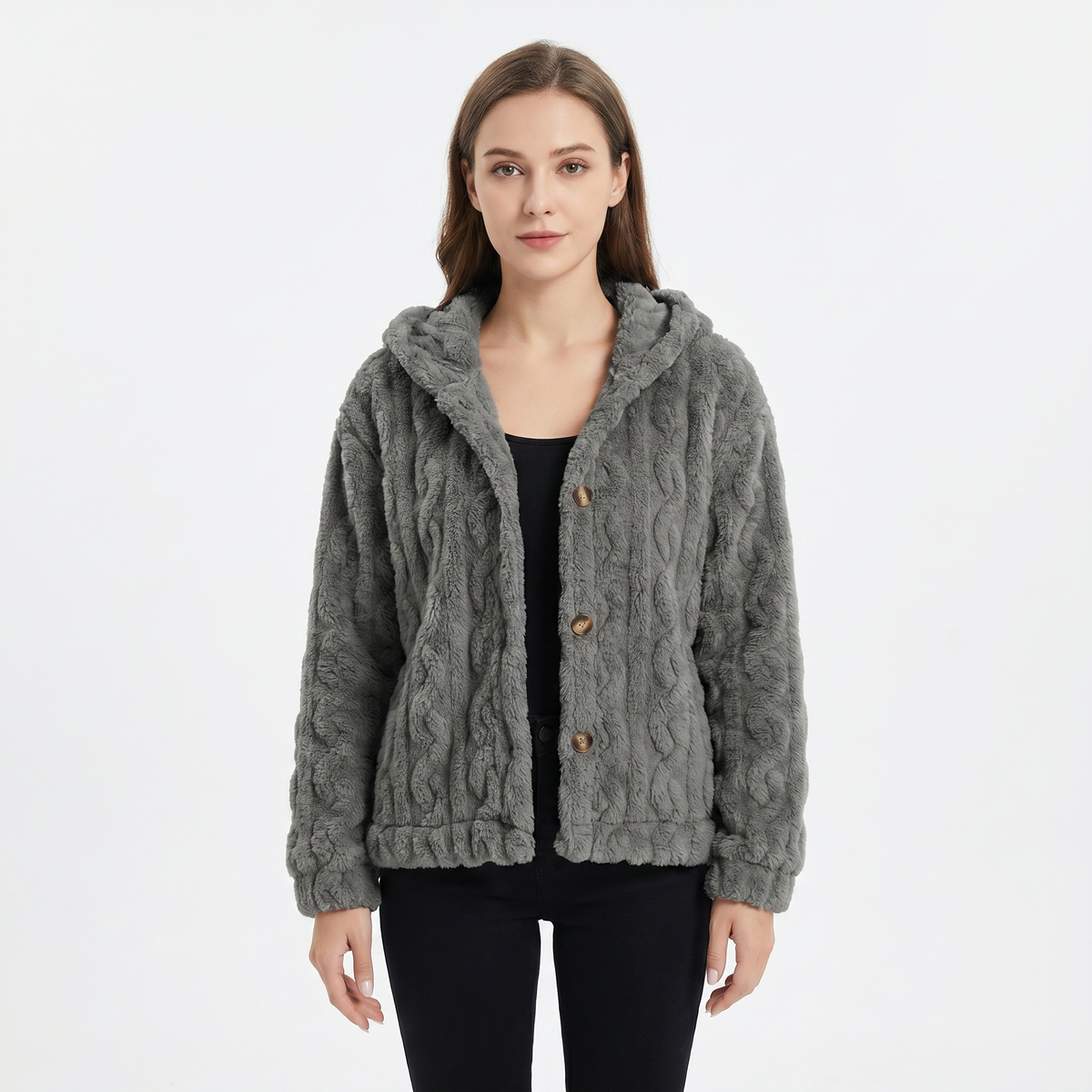 Cardigan invernale da donna con cappuccio, morbido pile effetto treccia, abbottonatura frontale, caldo e confortevole