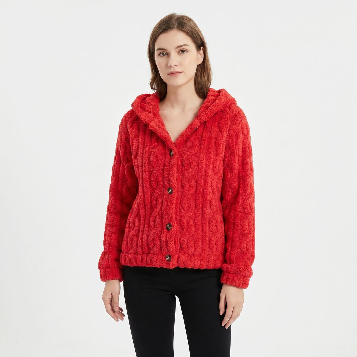 Cardigan invernale da donna con cappuccio, morbido pile effetto treccia, abbottonatura frontale, caldo e confortevole