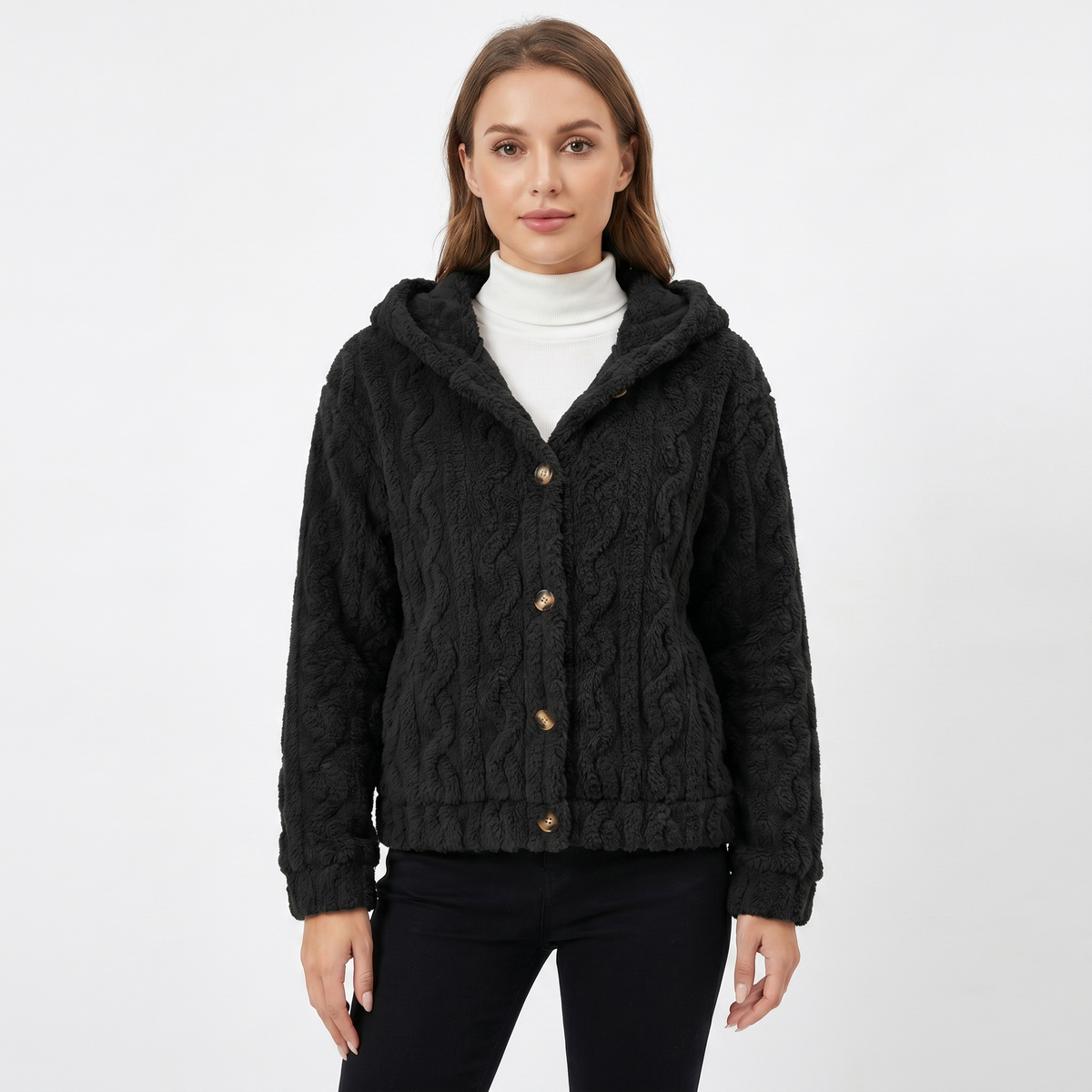 Cardigan invernale da donna con cappuccio, morbido pile effetto treccia, abbottonatura frontale, caldo e confortevole