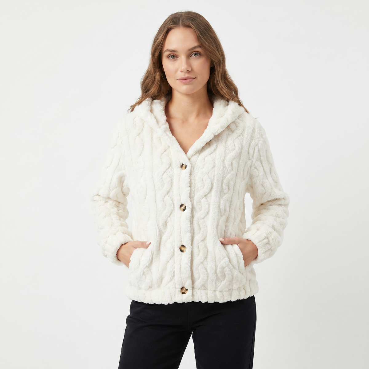 Cardigan invernale da donna con cappuccio, morbido pile effetto treccia, abbottonatura frontale, caldo e confortevole