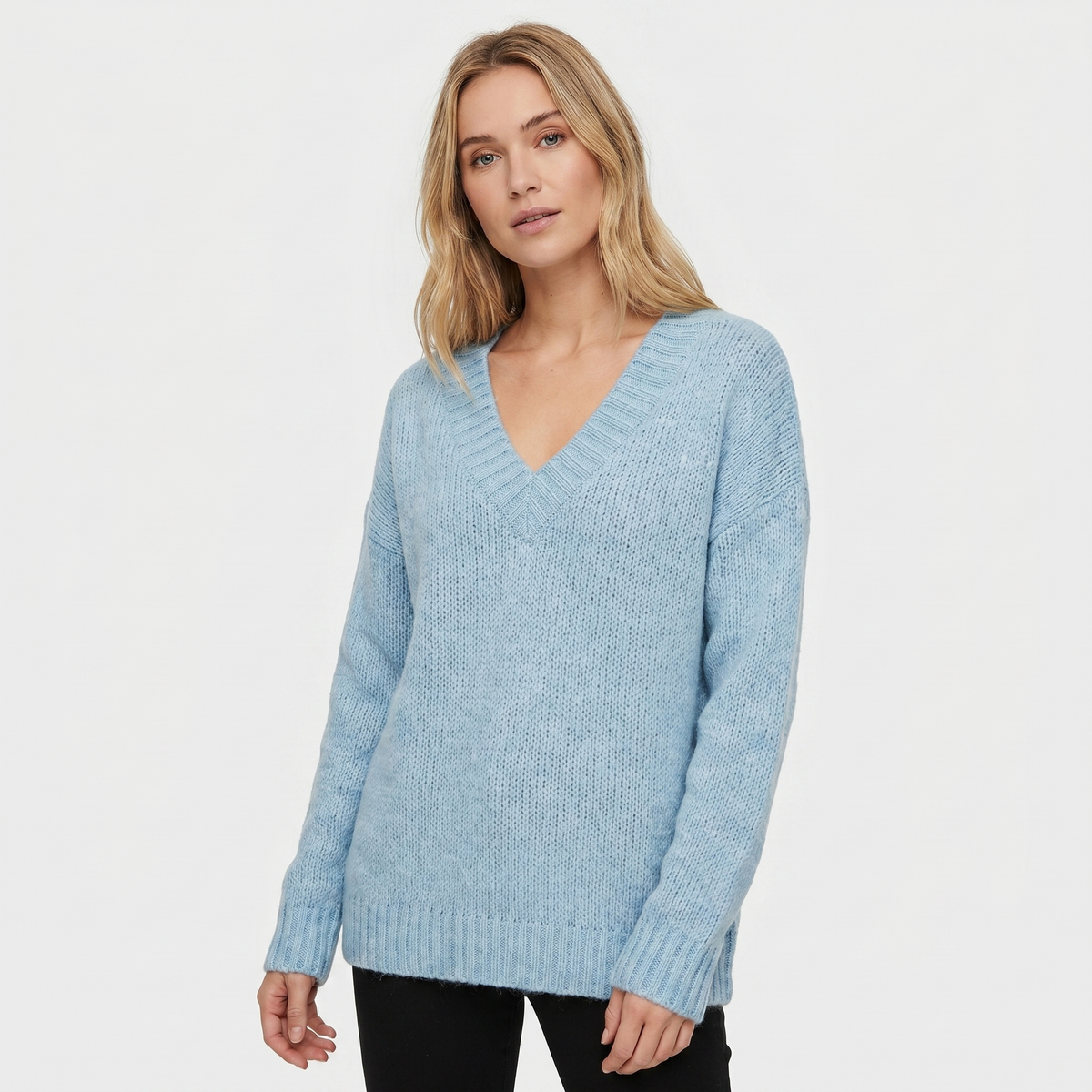 Women's V-Neck Oversized Knit Sweater Longline Relaxed-Fit Soft Wool Blend