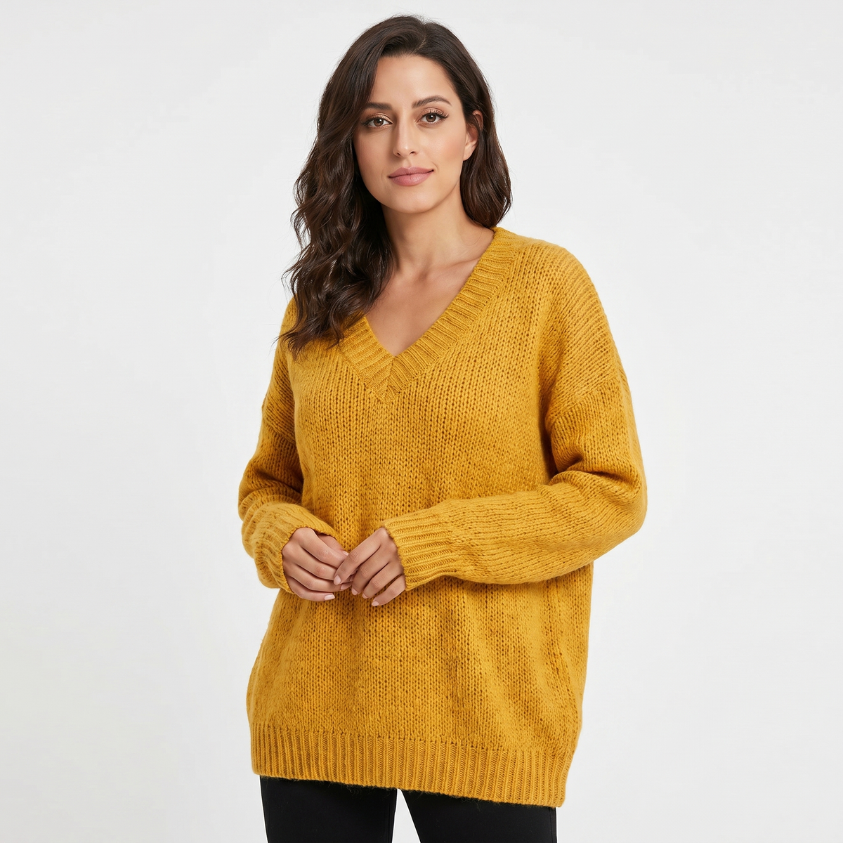 Women's V-Neck Oversized Knit Sweater Longline Relaxed-Fit Soft Wool Blend