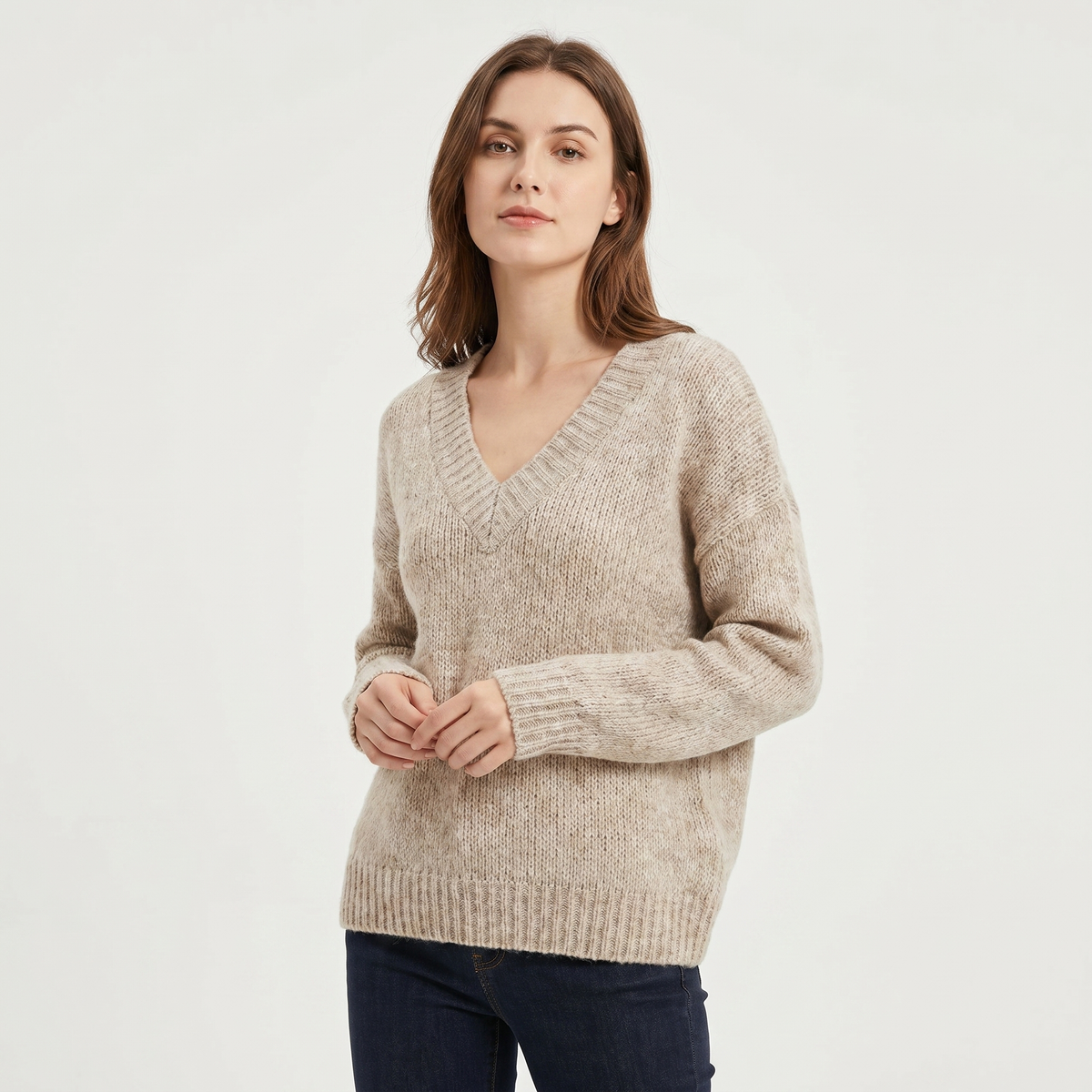 Women's V-Neck Oversized Knit Sweater Longline Relaxed-Fit Soft Wool Blend