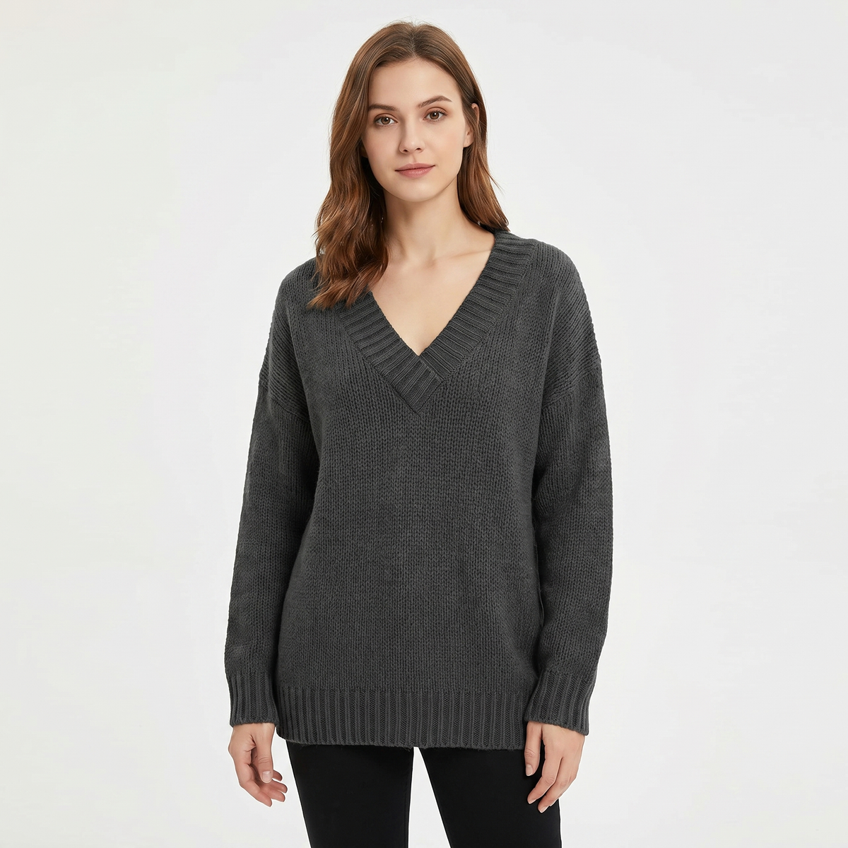 Women's V-Neck Oversized Knit Sweater Longline Relaxed-Fit Soft Wool Blend