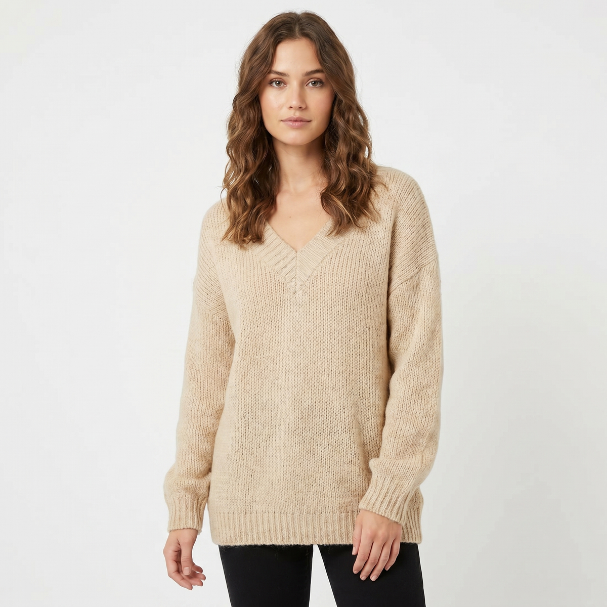 Women's V-Neck Oversized Knit Sweater Longline Relaxed-Fit Soft Wool Blend