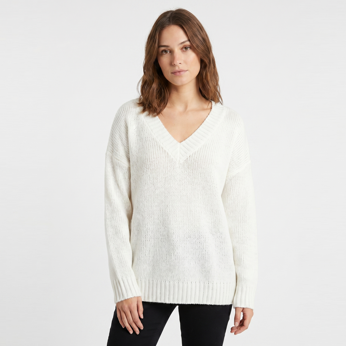 Women's V-Neck Oversized Knit Sweater Longline Relaxed-Fit Soft Wool Blend