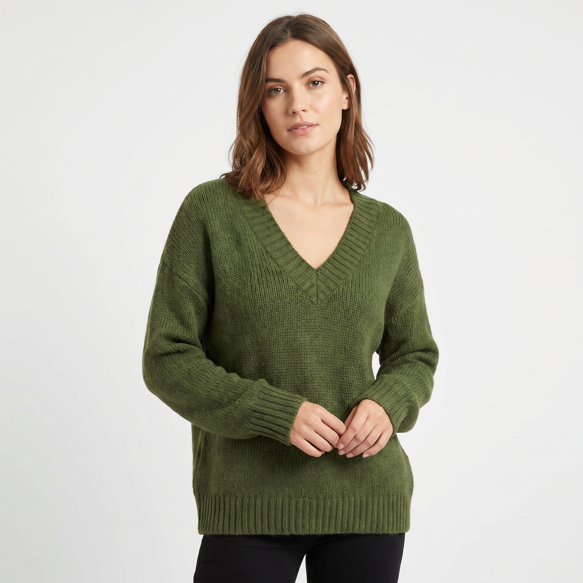 Women's V-Neck Oversized Knit Sweater Longline Relaxed-Fit Soft Wool Blend