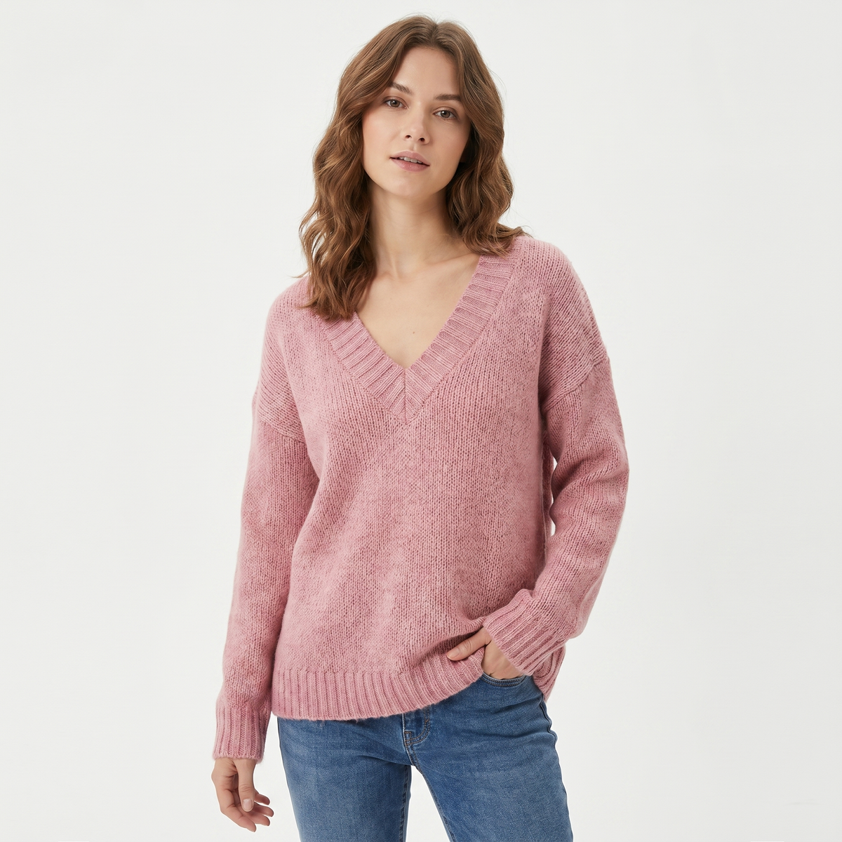 Women's V-Neck Oversized Knit Sweater Longline Relaxed-Fit Soft Wool Blend