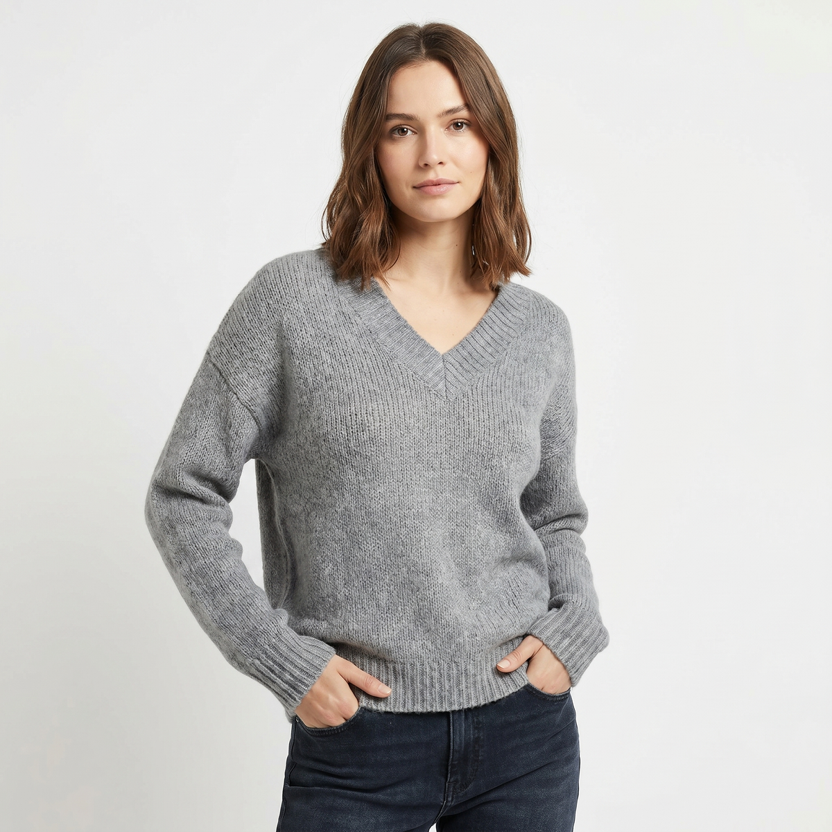 Women's V-Neck Oversized Knit Sweater Longline Relaxed-Fit Soft Wool Blend