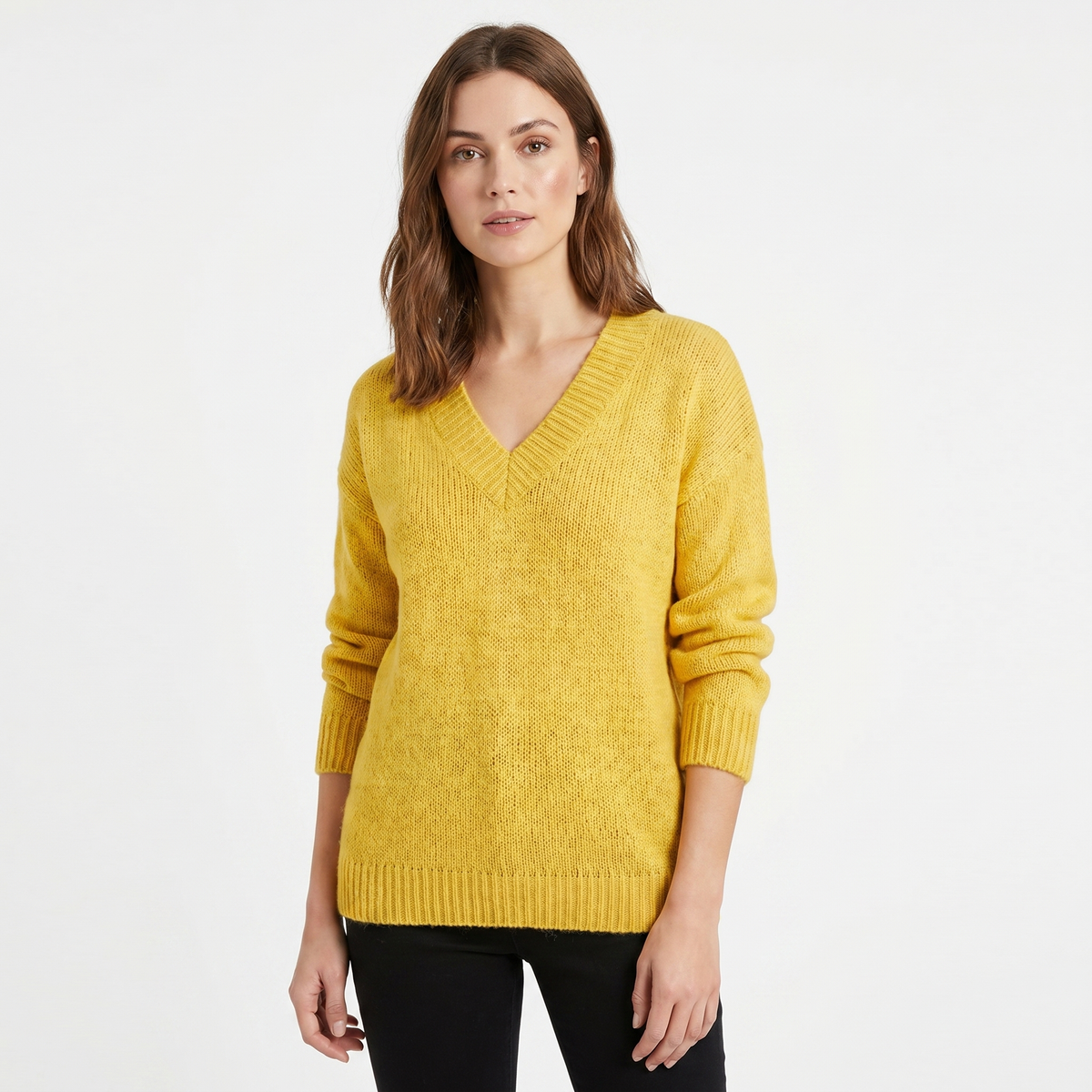 Women's V-Neck Oversized Knit Sweater Longline Relaxed-Fit Soft Wool Blend